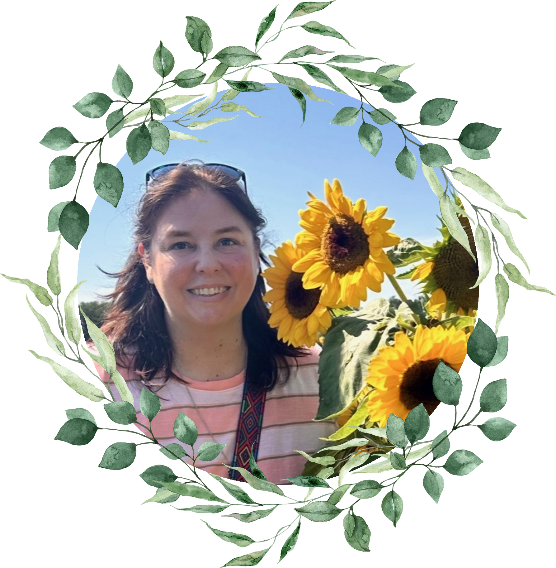 Christie smiling next to bright yellow sunflowers, framed in a circle of watercolor vines