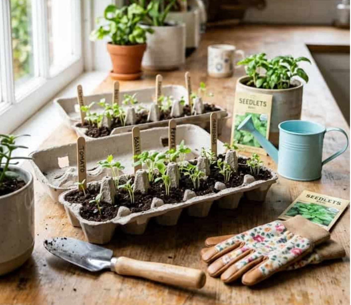 Seedlings sprouting in egg cartons with labels, a watering can, and seed packets