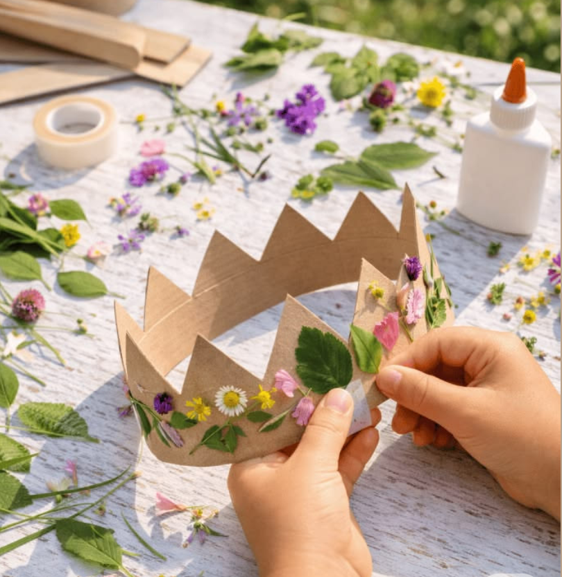 A child decorating a paper crown with fresh flowers and leaves