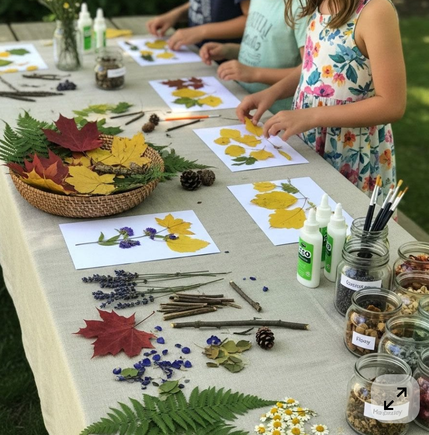 Nature crafts made with leaves, flowers, and other natural materials