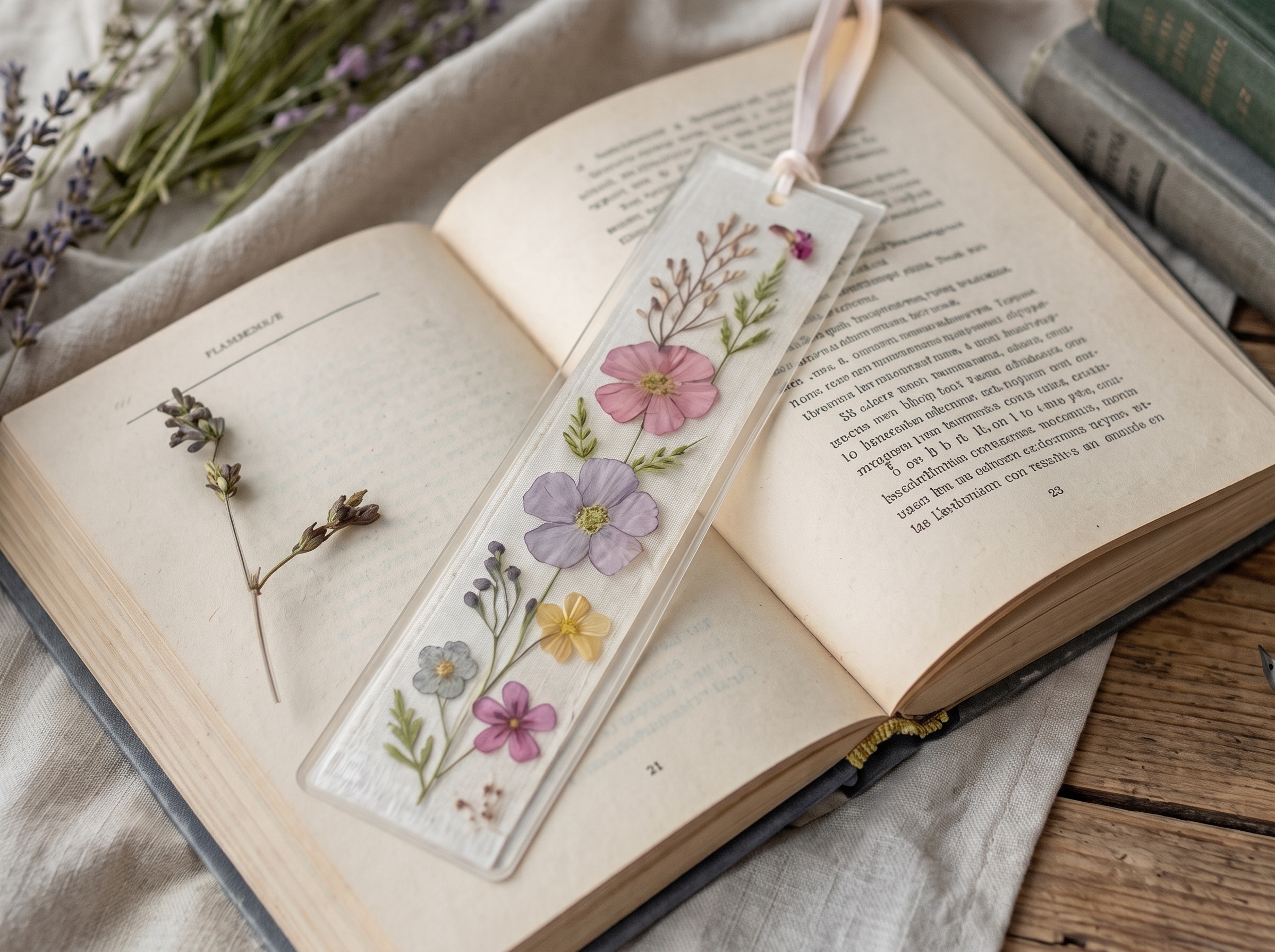 Delicate pressed flowers and leaves arranged flat on paper