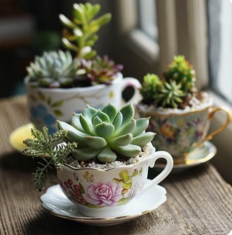 Succulents planted in vintage floral teacups